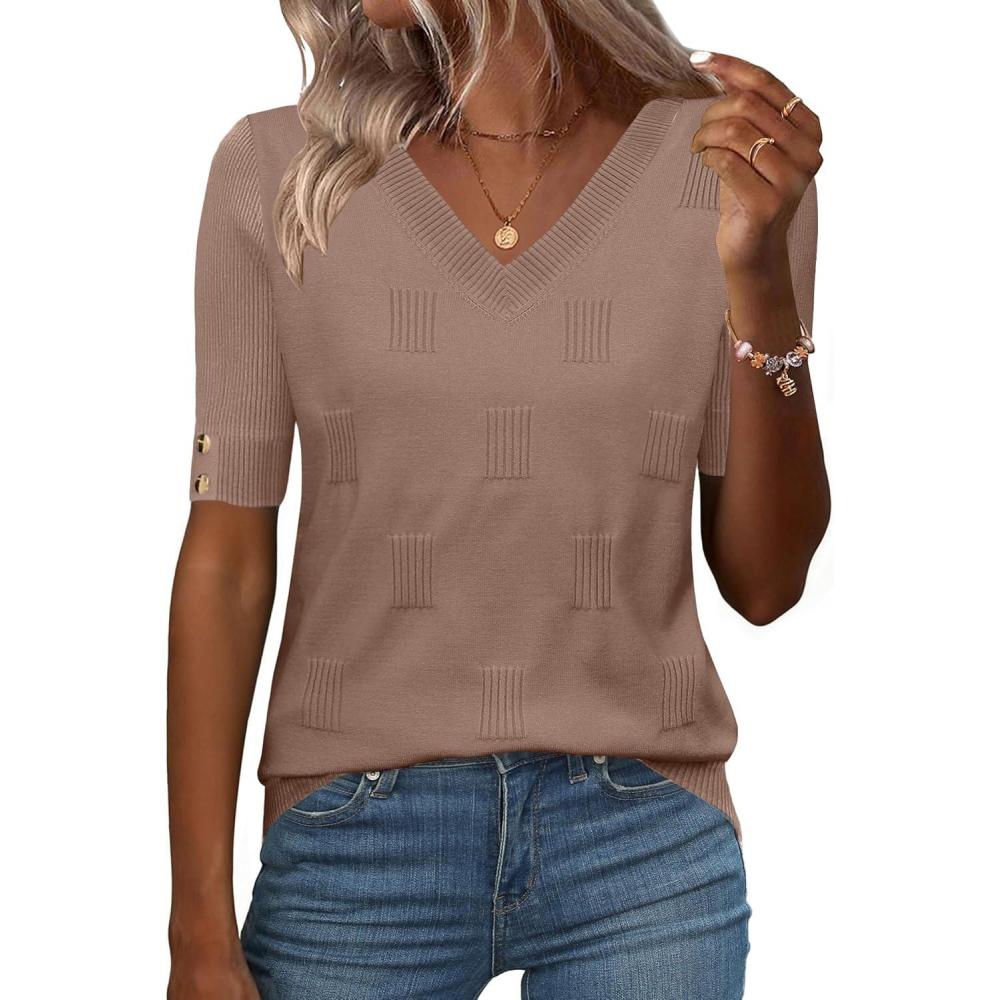 imageZeagoo Womens Short Sleeve Sweater 2026 Summer V Neck Lightweight Sweater Tops Dressy Ribbed Knit Outfits with ButtonsKhaki