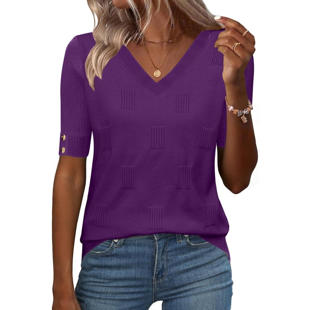 imageZeagoo Womens Short Sleeve Sweater 2026 Summer V Neck Lightweight Sweater Tops Dressy Ribbed Knit Outfits with ButtonsPurple