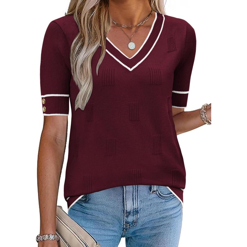 imageZeagoo Womens Short Sleeve Sweater 2026 Summer V Neck Lightweight Sweater Tops Dressy Ribbed Knit Outfits with ButtonsWine Redwhite