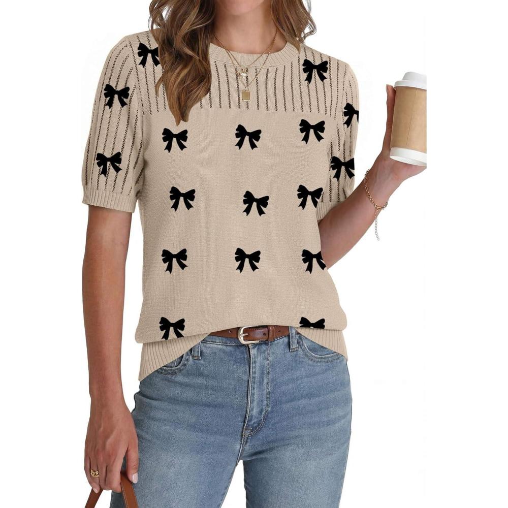imageZeagoo Womens Short Sleeve Sweater Tops 2026 Spring Summer Crew Neck Hollow Out Blouses Dressy Business Casual OutfitsBlack Bow