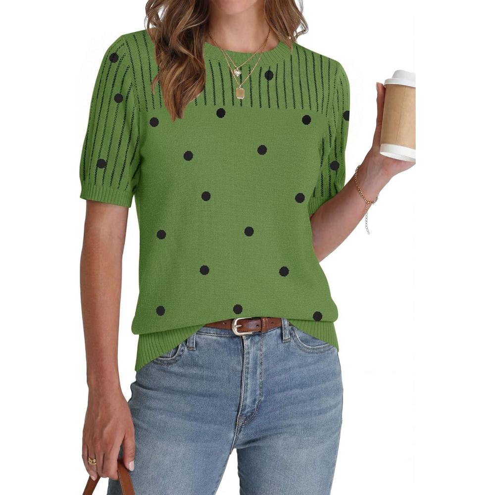 imageZeagoo Womens Short Sleeve Sweater Tops 2026 Spring Summer Crew Neck Hollow Out Blouses Dressy Business Casual OutfitsGreen Polka Dots