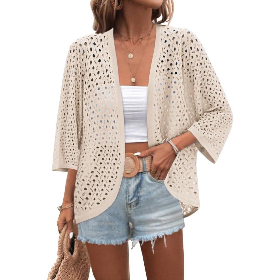 imageZeagoo Womens Summer Crochet Cardigan Sweaters Lightweight Open Front 34 Sleeve Batwing Kimono Boho Knit Cover Ups 2026Apricot