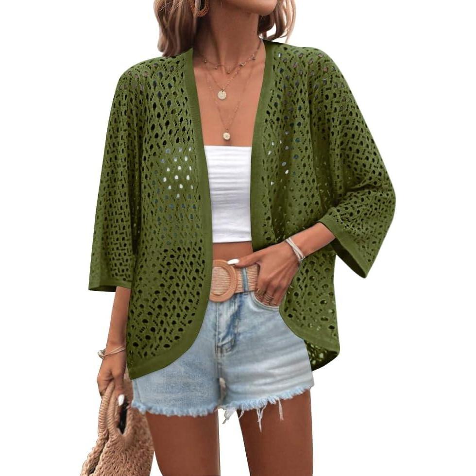 imageZeagoo Womens Summer Crochet Cardigan Sweaters Lightweight Open Front 34 Sleeve Batwing Kimono Boho Knit Cover Ups 2026Army Green