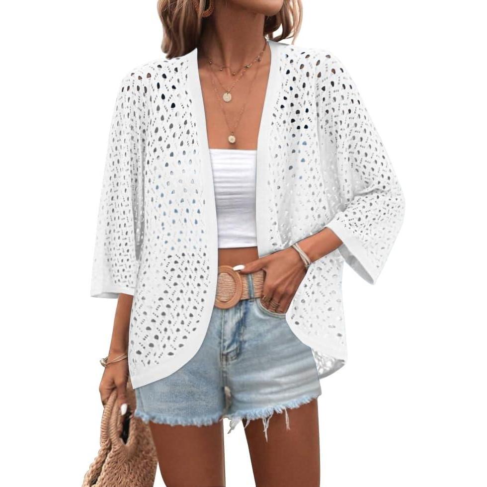 imageZeagoo Womens Summer Crochet Cardigan Sweaters Lightweight Open Front 34 Sleeve Batwing Kimono Boho Knit Cover Ups 2026Awhite