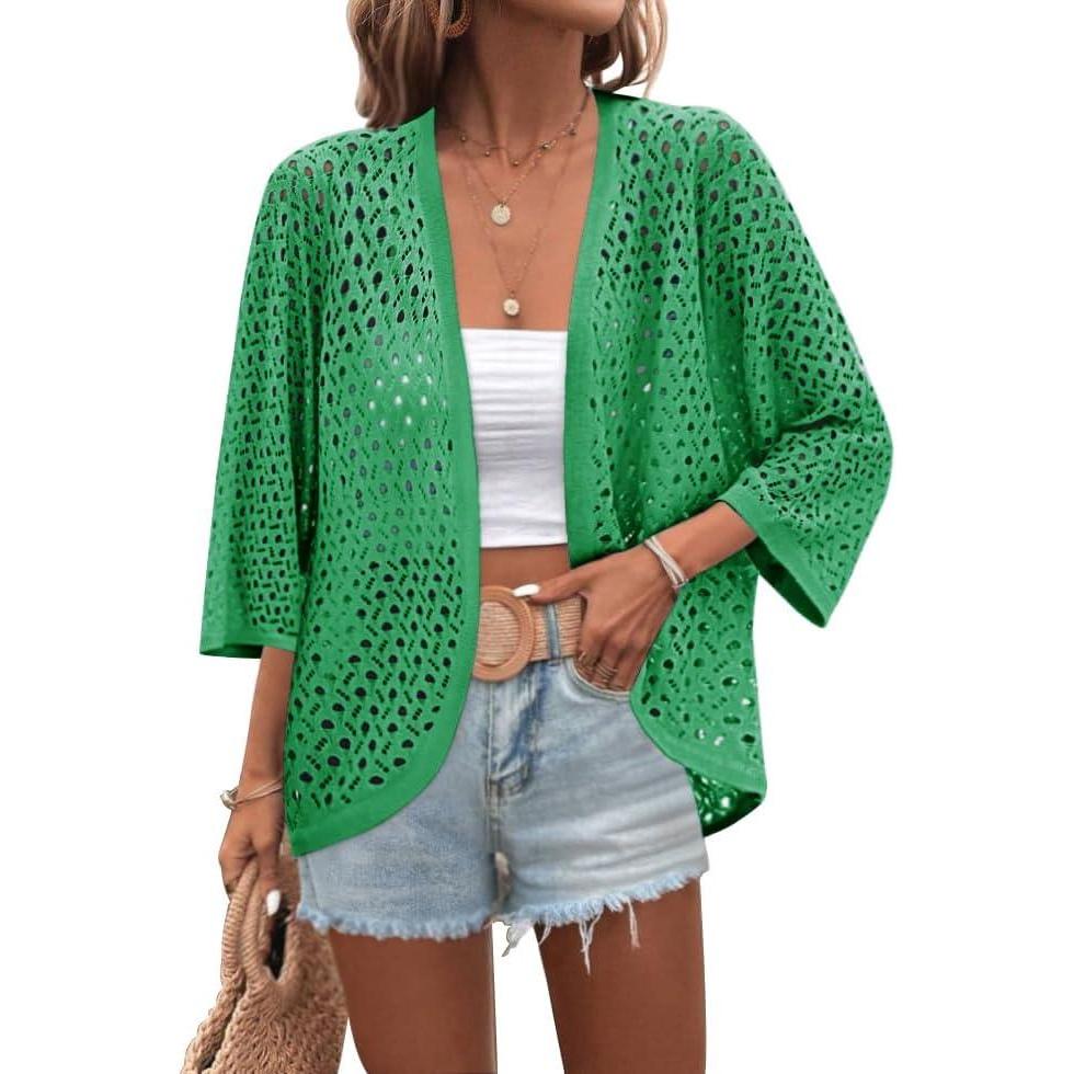 imageZeagoo Womens Summer Crochet Cardigan Sweaters Lightweight Open Front 34 Sleeve Batwing Kimono Boho Knit Cover Ups 2026Green