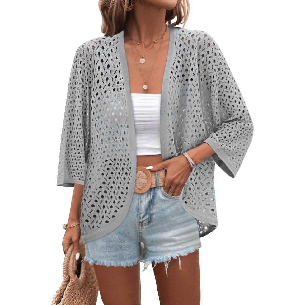 imageZeagoo Womens Summer Crochet Cardigan Sweaters Lightweight Open Front 34 Sleeve Batwing Kimono Boho Knit Cover Ups 2026Grey