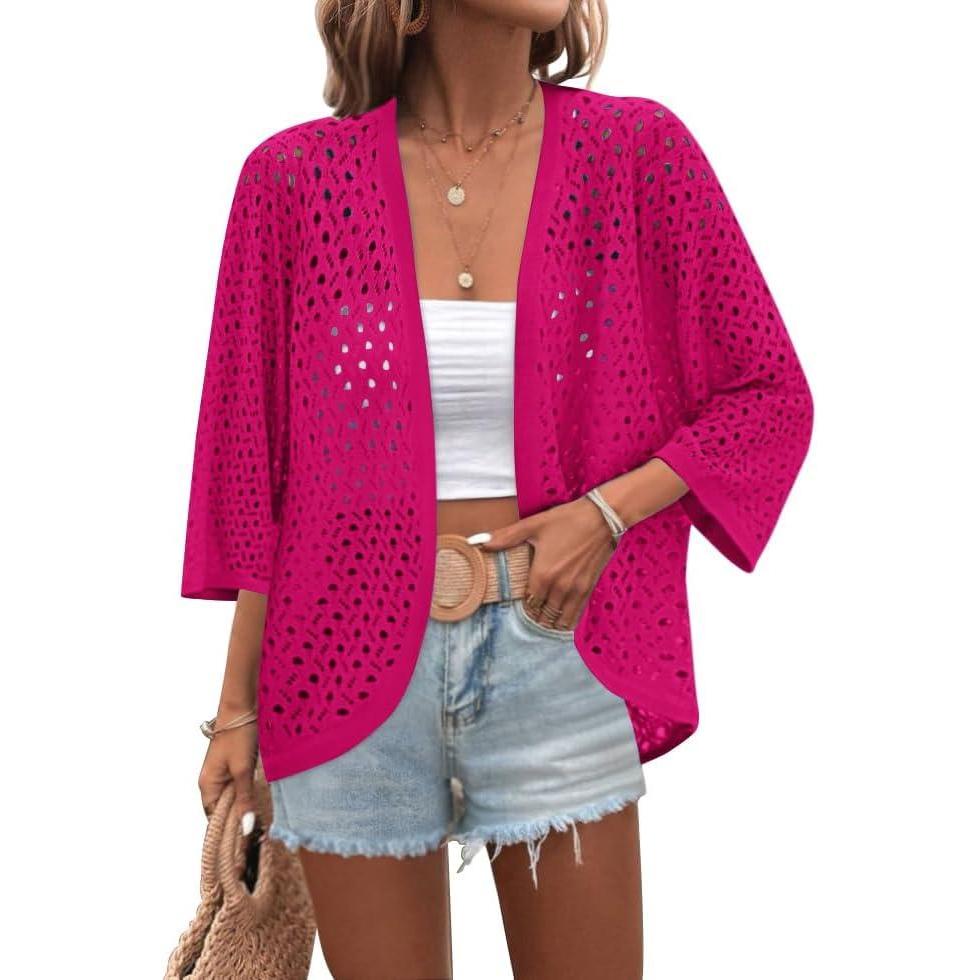 imageZeagoo Womens Summer Crochet Cardigan Sweaters Lightweight Open Front 34 Sleeve Batwing Kimono Boho Knit Cover Ups 2026Hot Pink