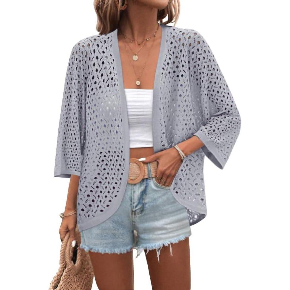 imageZeagoo Womens Summer Crochet Cardigan Sweaters Lightweight Open Front 34 Sleeve Batwing Kimono Boho Knit Cover Ups 2026Light Grey