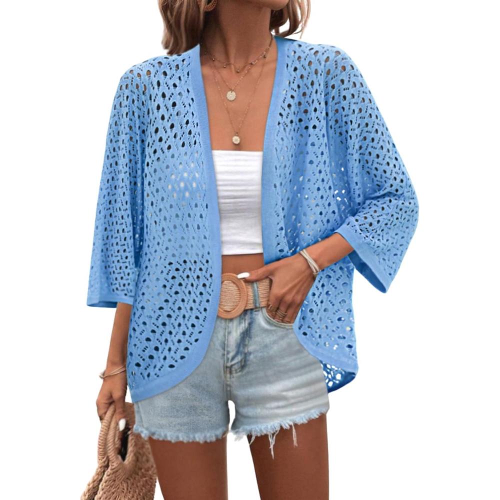 imageZeagoo Womens Summer Crochet Cardigan Sweaters Lightweight Open Front 34 Sleeve Batwing Kimono Boho Knit Cover Ups 2026Teal