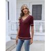 Zeagoo Womens Short Sleeve Sweater 2026 Summer V Neck Lightweight Sweater Tops Dressy Ribbed Knit Outfits with Buttons(Wine Red-white)
