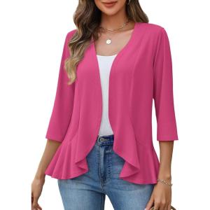 Zeagoo Women’s 2026 Summer 3/4 Sleeve Lightweight Cardigans Open Front Draped Ruffles Kimono Coverups(Rose)