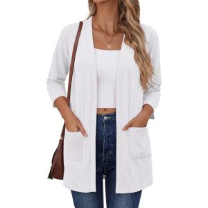 Zeagoo Women’s Casual Lightweight Cardigan 3/4 Sleeve Open Front Loose Thin Cardigans with Pockets(A-white)