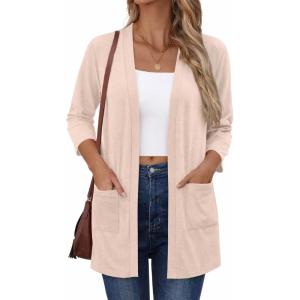 Zeagoo Women’s Casual Lightweight Cardigan 3/4 Sleeve Open Front Loose Thin Cardigans with Pockets(Champagne)