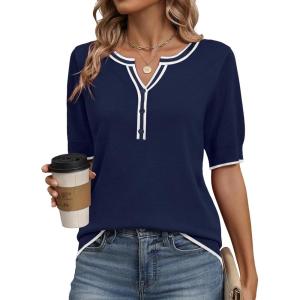 Zeagoo Women’s Short Sleeve Sweater 2026 Spring Summer Tops Lightweight Casual V Neck Sweaters Dressy Work Blouses Clothes(Navy Blue)