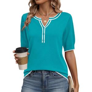 Zeagoo Women’s Short Sleeve Sweater 2026 Spring Summer Tops Lightweight Casual V Neck Sweaters Dressy Work Blouses Clothes(Peacock Blue)
