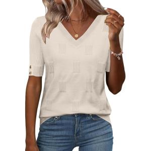 Zeagoo Womens Short Sleeve Sweater 2026 Summer V Neck Lightweight Sweater Tops Dressy Ribbed Knit Outfits with Buttons(Beige)