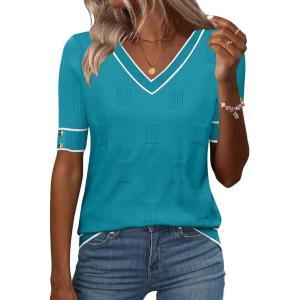 Zeagoo Womens Short Sleeve Sweater 2026 Summer V Neck Lightweight Sweater Tops Dressy Ribbed Knit Outfits with Buttons(Blue Green-white)