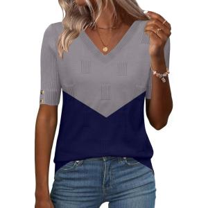 Zeagoo Womens Short Sleeve Sweater 2026 Summer V Neck Lightweight Sweater Tops Dressy Ribbed Knit Outfits with Buttons(Gray-navy)
