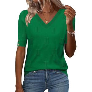 Zeagoo Womens Short Sleeve Sweater 2026 Summer V Neck Lightweight Sweater Tops Dressy Ribbed Knit Outfits with Buttons(Green)