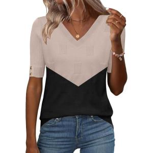 Zeagoo Womens Short Sleeve Sweater 2026 Summer V Neck Lightweight Sweater Tops Dressy Ribbed Knit Outfits with Buttons(Khaki-black)