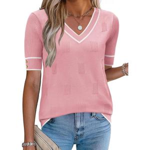 Zeagoo Womens Short Sleeve Sweater 2026 Summer V Neck Lightweight Sweater Tops Dressy Ribbed Knit Outfits with Buttons(Pink-white)