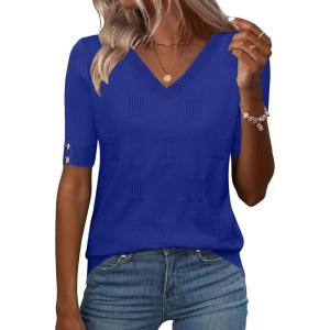 Zeagoo Womens Short Sleeve Sweater 2026 Summer V Neck Lightweight Sweater Tops Dressy Ribbed Knit Outfits with Buttons(Royal Blue)