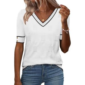 Zeagoo Womens Short Sleeve Sweater 2026 Summer V Neck Lightweight Sweater Tops Dressy Ribbed Knit Outfits with Buttons(White-black)