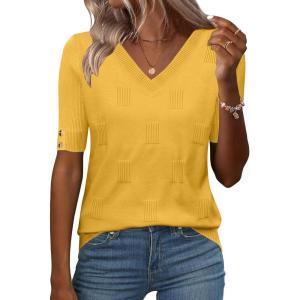 Zeagoo Womens Short Sleeve Sweater 2026 Summer V Neck Lightweight Sweater Tops Dressy Ribbed Knit Outfits with Buttons(Yellow)