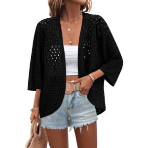 Zeagoo Womens Summer Crochet Cardigan Sweaters Lightweight Open Front 3/4 Sleeve Batwing Kimono Boho Knit Cover Ups 2026(Black)