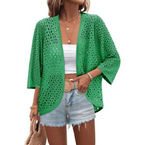 Zeagoo Womens Summer Crochet Cardigan Sweaters Lightweight Open Front 3/4 Sleeve Batwing Kimono Boho Knit Cover Ups 2026(Green)