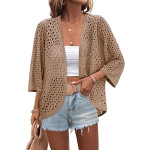Zeagoo Womens Summer Crochet Cardigan Sweaters Lightweight Open Front 3/4 Sleeve Batwing Kimono Boho Knit Cover Ups 2026(Khaki)