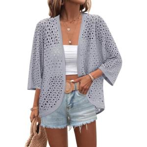 Zeagoo Womens Summer Crochet Cardigan Sweaters Lightweight Open Front 3/4 Sleeve Batwing Kimono Boho Knit Cover Ups 2026(Light Grey)