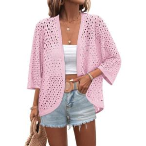 Zeagoo Womens Summer Crochet Cardigan Sweaters Lightweight Open Front 3/4 Sleeve Batwing Kimono Boho Knit Cover Ups 2026(Pink)