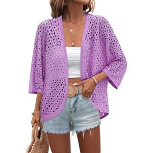 Zeagoo Womens Summer Crochet Cardigan Sweaters Lightweight Open Front 3/4 Sleeve Batwing Kimono Boho Knit Cover Ups 2026(Purple)