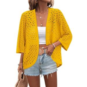 Zeagoo Womens Summer Crochet Cardigan Sweaters Lightweight Open Front 3/4 Sleeve Batwing Kimono Boho Knit Cover Ups 2026(Yellow)