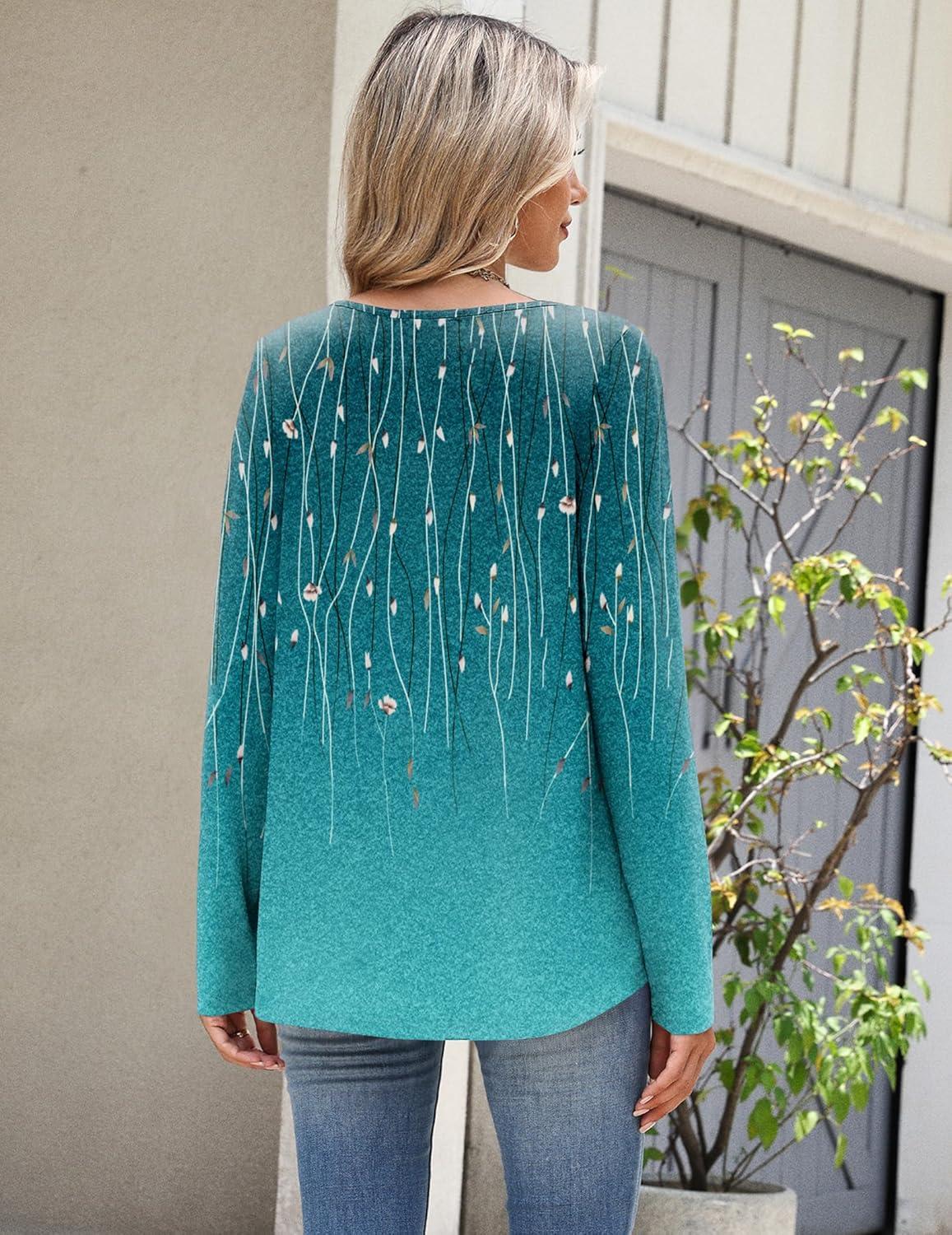 imageZeagoo Long Sleeve Shirts for Women Spring V Neck Tops Casual Dressy Blouse Boho Tunic Business Work Clothes School OutfitBlue Green Boho