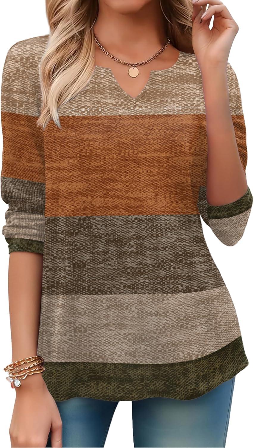 imageZeagoo Long Sleeve Shirts for Women Spring V Neck Tops Casual Dressy Blouse Boho Tunic Business Work Clothes School OutfitCaramel
