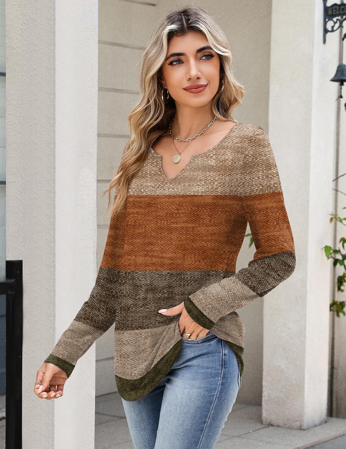imageZeagoo Long Sleeve Shirts for Women Spring V Neck Tops Casual Dressy Blouse Boho Tunic Business Work Clothes School OutfitCaramel