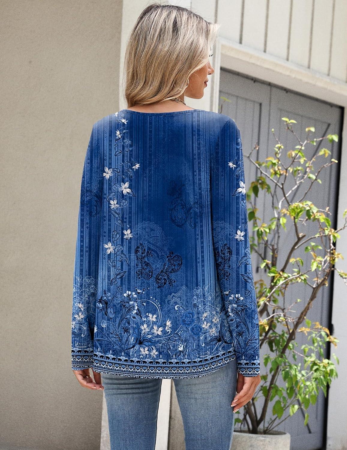 imageZeagoo Long Sleeve Shirts for Women Spring V Neck Tops Casual Dressy Blouse Boho Tunic Business Work Clothes School OutfitFloral Blue Boho