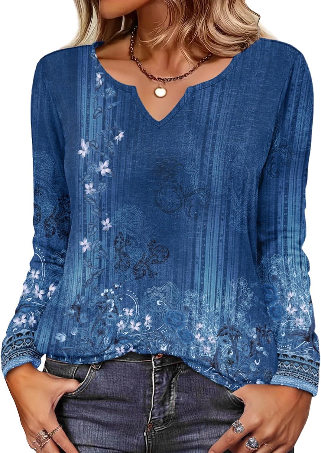 imageZeagoo Long Sleeve Shirts for Women Spring V Neck Tops Casual Dressy Blouse Boho Tunic Business Work Clothes School OutfitFloral Blue Boho