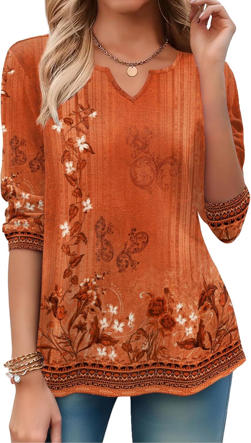imageZeagoo Long Sleeve Shirts for Women Spring V Neck Tops Casual Dressy Blouse Boho Tunic Business Work Clothes School OutfitFloral Orange Boho