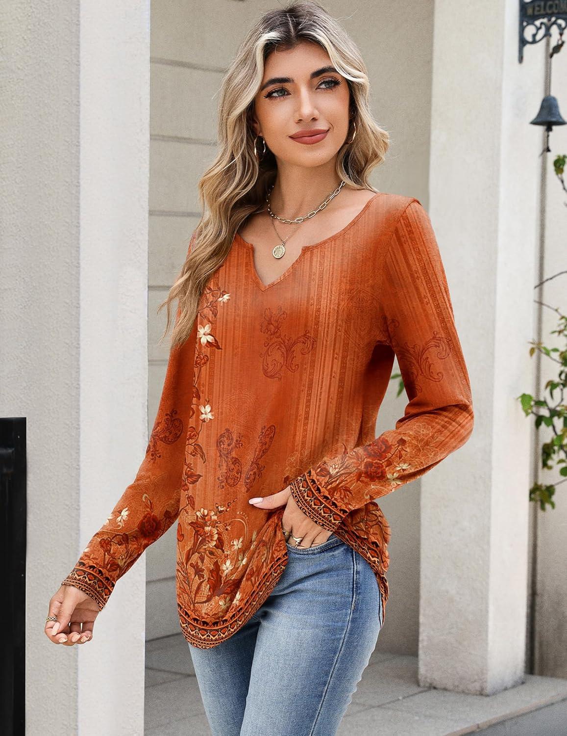 imageZeagoo Long Sleeve Shirts for Women Spring V Neck Tops Casual Dressy Blouse Boho Tunic Business Work Clothes School OutfitFloral Orange Boho