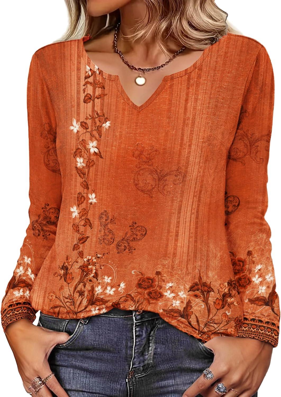 imageZeagoo Long Sleeve Shirts for Women Spring V Neck Tops Casual Dressy Blouse Boho Tunic Business Work Clothes School OutfitFloral Orange Boho