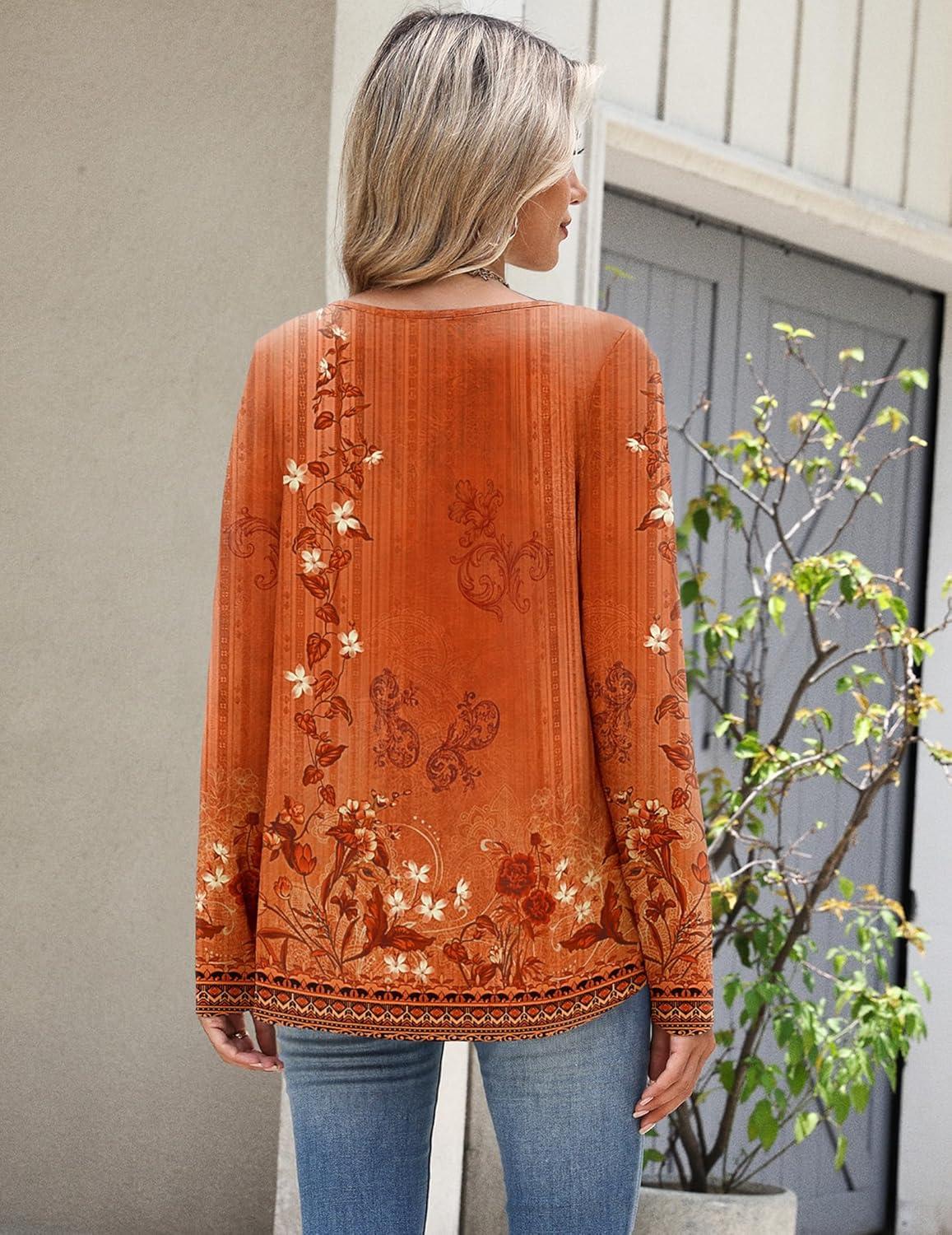 imageZeagoo Long Sleeve Shirts for Women Spring V Neck Tops Casual Dressy Blouse Boho Tunic Business Work Clothes School OutfitFloral Orange Boho