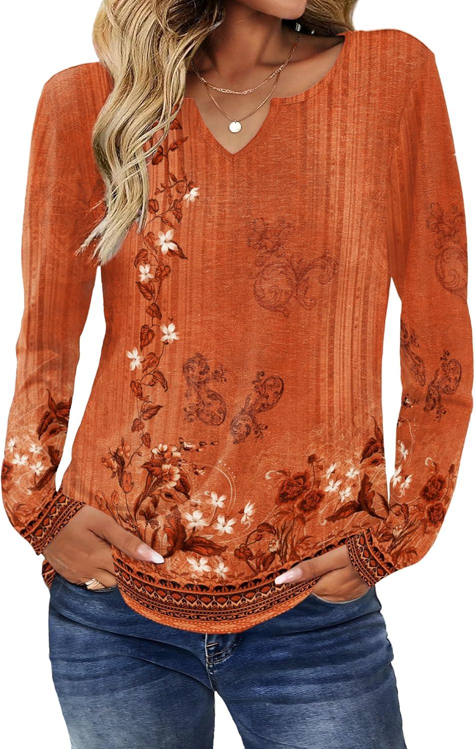 imageZeagoo Long Sleeve Shirts for Women Spring V Neck Tops Casual Dressy Blouse Boho Tunic Business Work Clothes School OutfitFloral Orange Boho