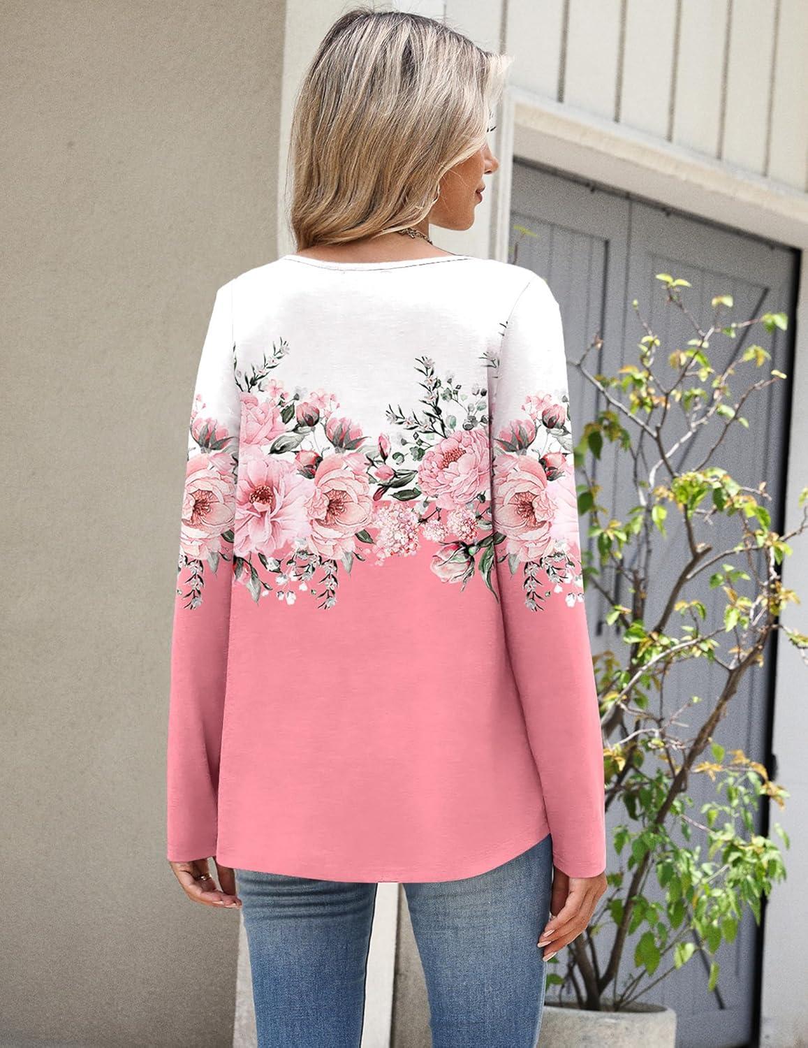 imageZeagoo Long Sleeve Shirts for Women Spring V Neck Tops Casual Dressy Blouse Boho Tunic Business Work Clothes School OutfitFloral Pink