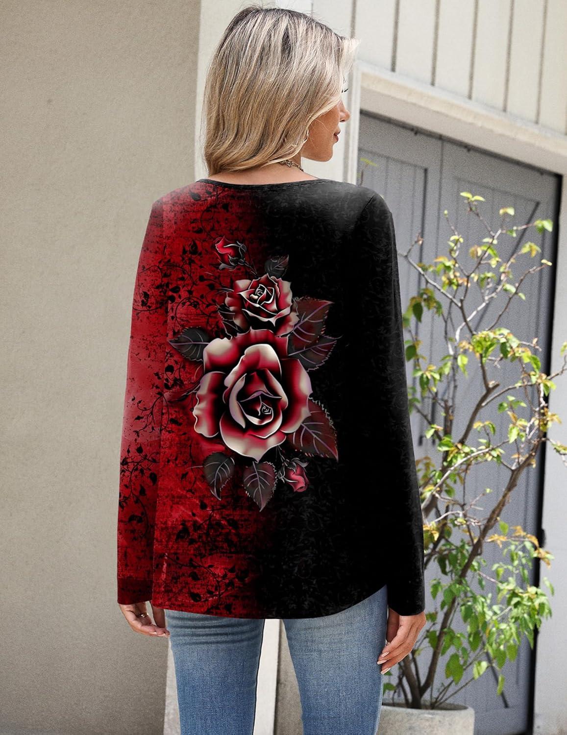 imageZeagoo Long Sleeve Shirts for Women Spring V Neck Tops Casual Dressy Blouse Boho Tunic Business Work Clothes School OutfitFloral Red Black
