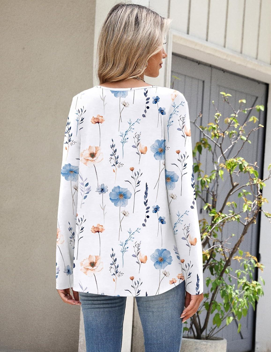 imageZeagoo Long Sleeve Shirts for Women Spring V Neck Tops Casual Dressy Blouse Boho Tunic Business Work Clothes School OutfitFloral White Boho