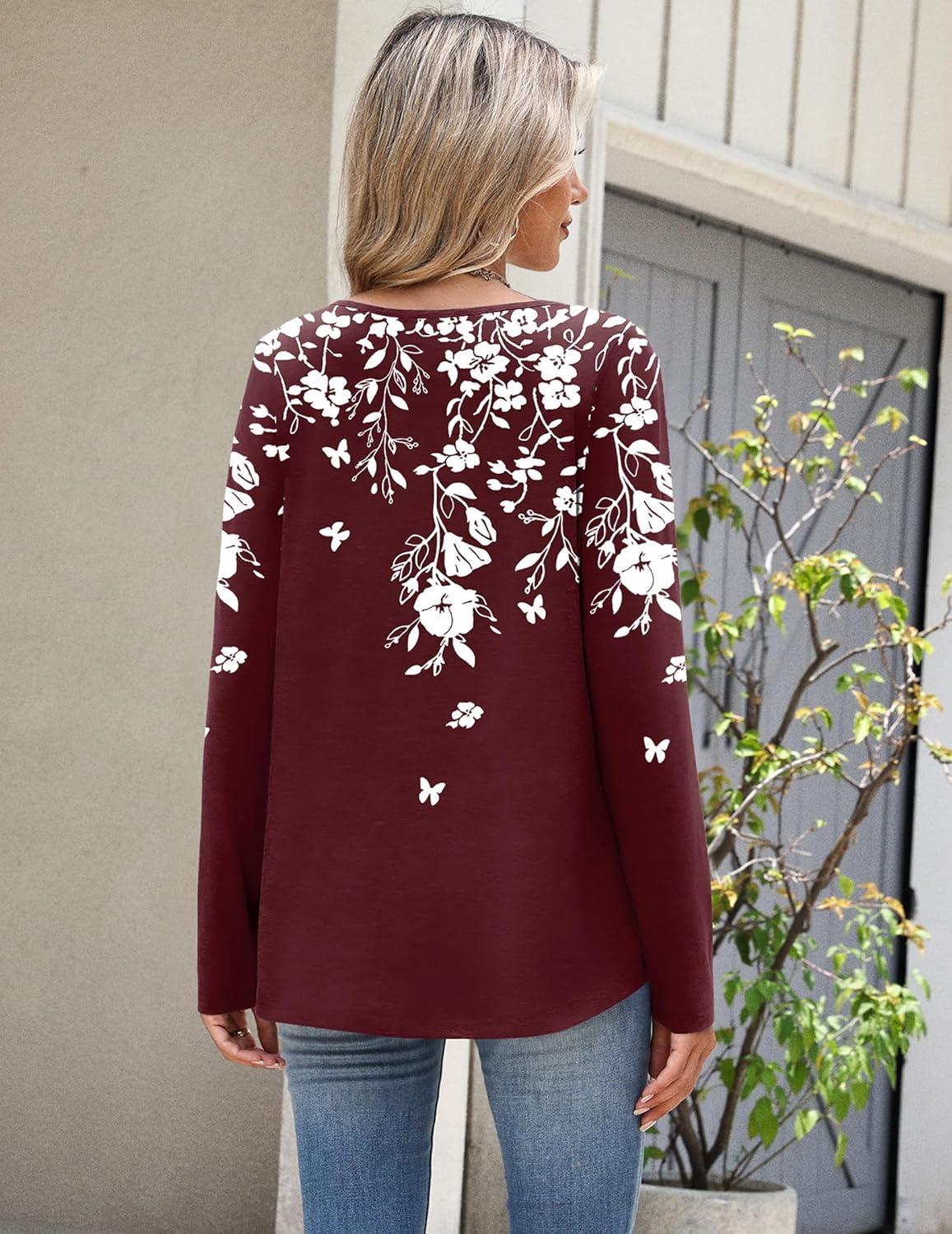imageZeagoo Long Sleeve Shirts for Women Spring V Neck Tops Casual Dressy Blouse Boho Tunic Business Work Clothes School OutfitFloral Wine