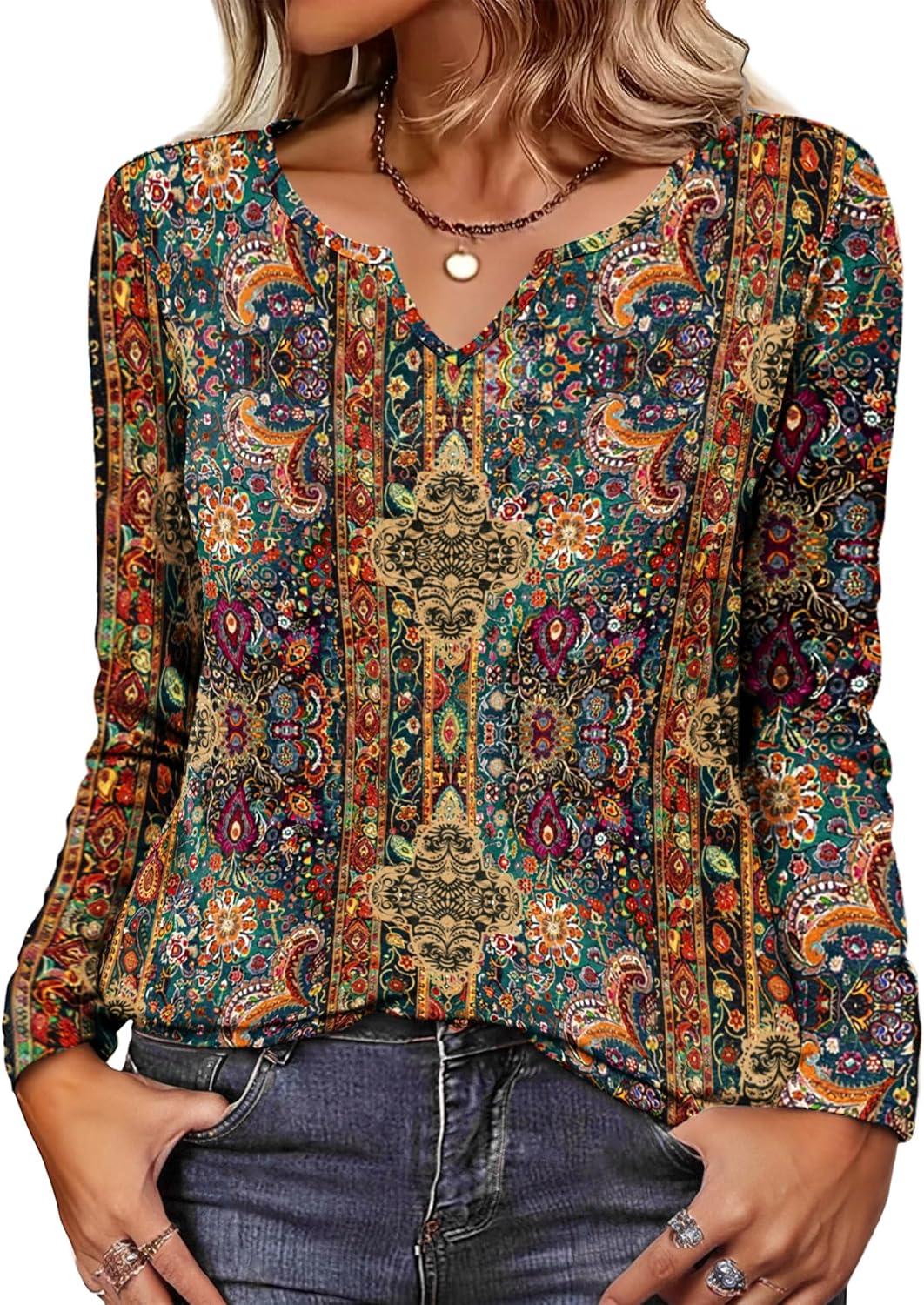 imageZeagoo Long Sleeve Shirts for Women Spring V Neck Tops Casual Dressy Blouse Boho Tunic Business Work Clothes School OutfitMz721 Boho